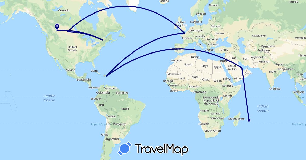TravelMap itinerary: driving in Canada, Dominican Republic, France, Mauritius, Qatar (Africa, Asia, Europe, North America)